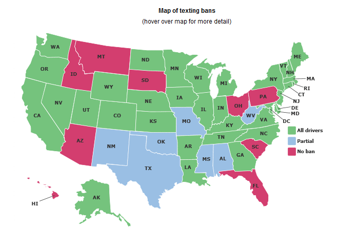 map of texting bans by state as of Sepember 2011